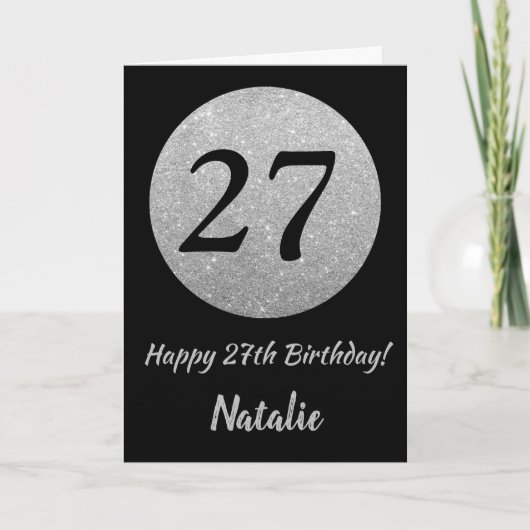 Happy 27th Birthday Black en Silver Glitter Card Kaart (Voorkant)