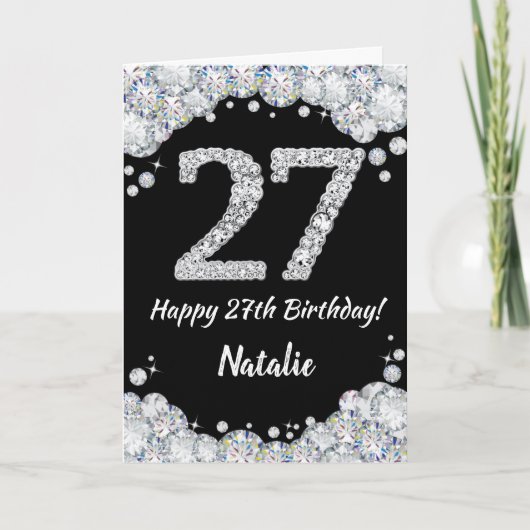 Happy 27th Birthday Black en Silver Glitter Card Kaart (Voorkant)