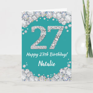 Happy 27th Birthday Blauwgroen en Silver Glitter C Kaart