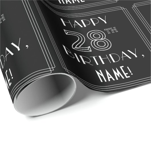 HAPPY 28th BIRTHDAY; Art Deco Style met aangepaste Cadeaupapier (Rol Hoek)