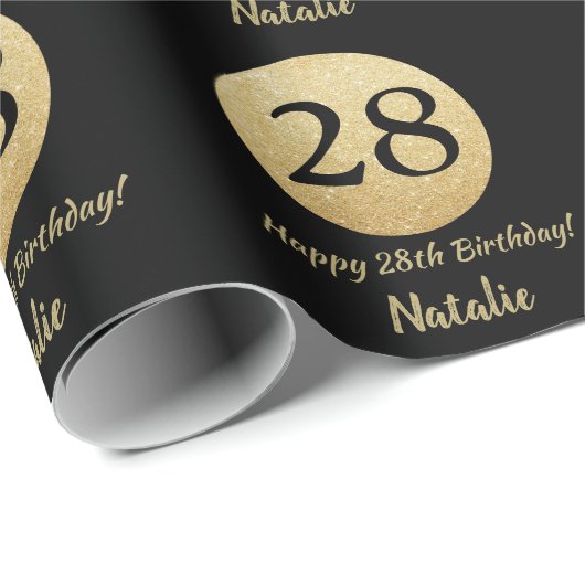 Happy 28th Birthday Black en Gold Glitter Cadeaupapier (Rol Hoek)