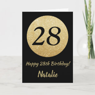 Happy 28th Birthday Black en Gold Glitter Kaart