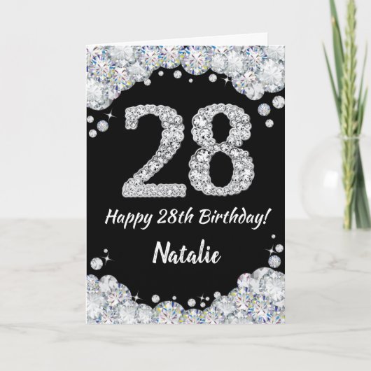 Happy 28th Birthday Black en Silver Glitter Card Kaart (Voorkant)
