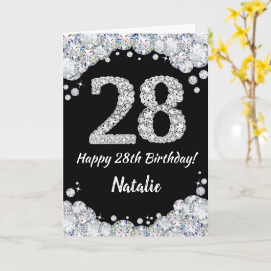 Happy 28th Birthday Black en Silver Glitter Card Kaart (Gele Bloem)