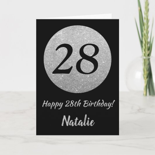 Happy 28th Birthday Black en Silver Glitter Card Kaart (Voorkant)