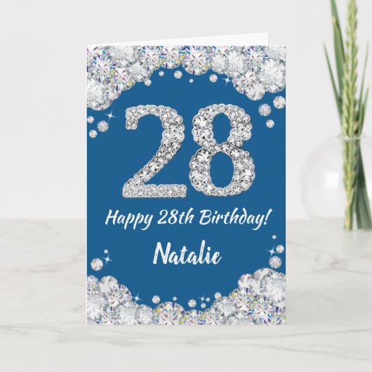 Happy 28th Birthday Blue en Silver Glitter Card Kaart (Voorkant)