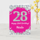 Happy 28th Birthday Hot Pink en Silver Glitter Kaart (Gele Bloem)
