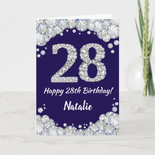 Happy 28th Birthday Navy Blue en Silver Glitter Kaart