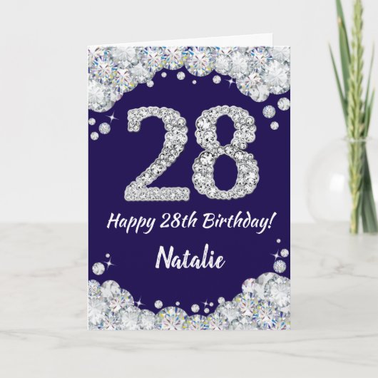 Happy 28th Birthday Navy Blue en Silver Glitter Kaart (Voorkant)