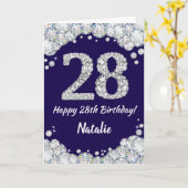 Happy 28th Birthday Navy Blue en Silver Glitter Kaart (Gele Bloem)