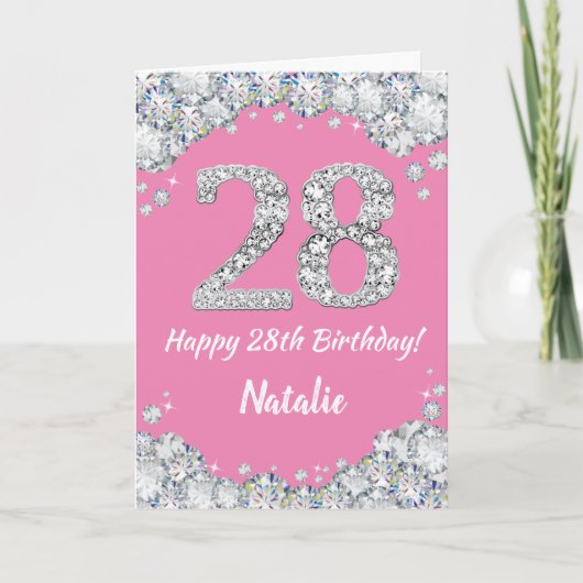 Happy 28th Birthday Pink en Silver Glitter Card Kaart (Voorkant)