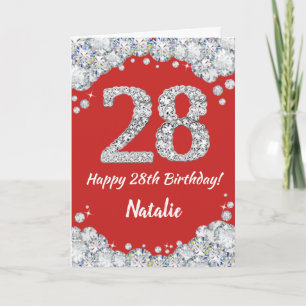 Happy 28th Birthday Red en Silver Glitter Card Kaart