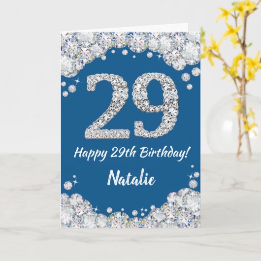 Happy 29th Birthday Blue en Silver Glitter Card Kaart (Gele Bloem)