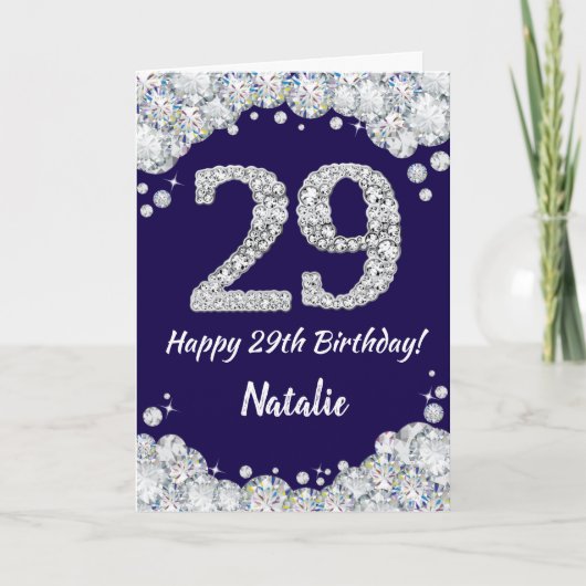 Happy 29th Birthday Navy Blue en Silver Glitter Kaart (Voorkant)