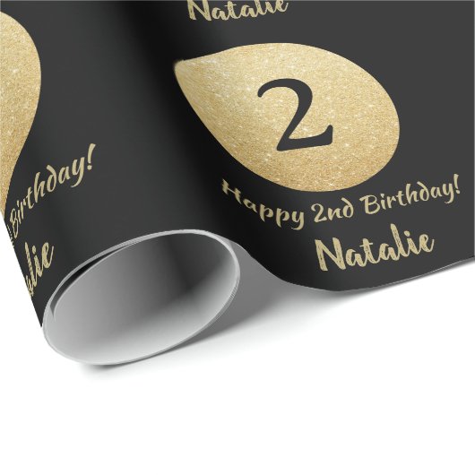 Happy 2de verjaardag Black en Gold Glitter Cadeaupapier (Rol Hoek)