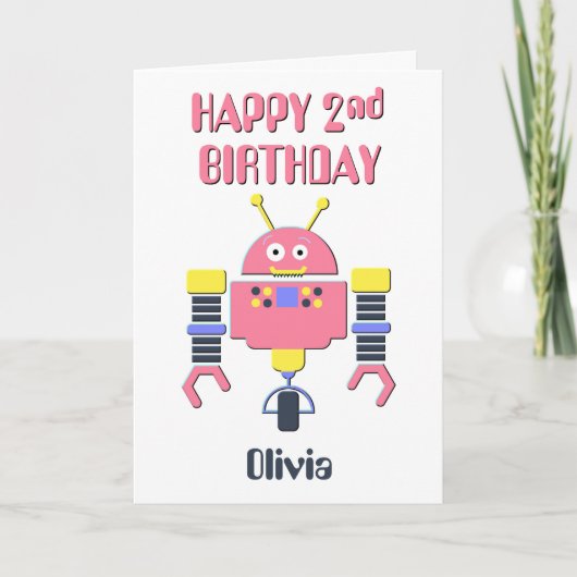 Happy 2de verjaardag Roze Robot Kaart (Voorkant)