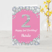 Happy 2e verjaardag Roze en Zilver Glitter Card Kaart (Gele Bloem)