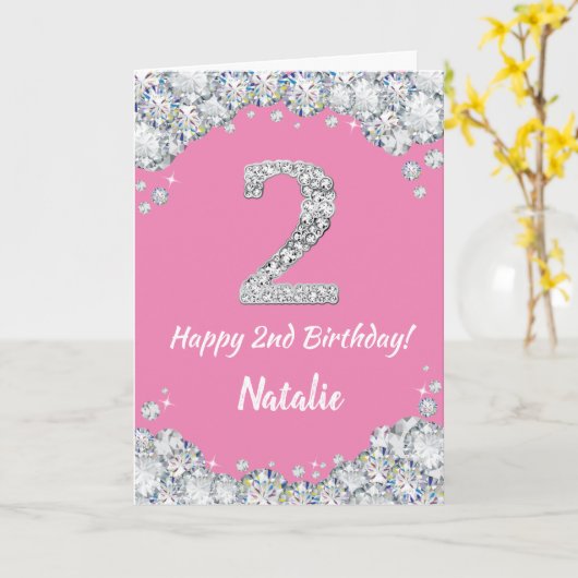 Happy 2e verjaardag Roze en Zilver Glitter Card Kaart (Gele Bloem)