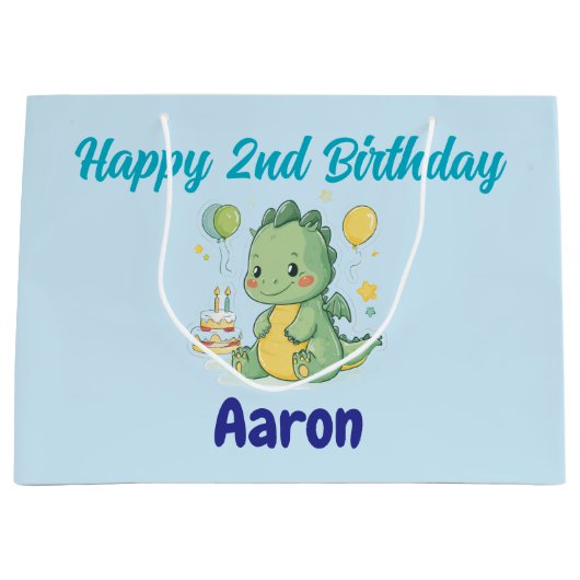 Happy 2nd Birthday, Cute Dragon, Personalized Groot Cadeauzakje (Voorkant)