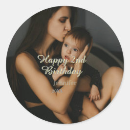 Happy 2nd birthday kids baby mother yellow gray na ronde sticker