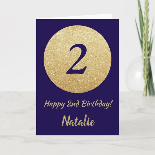 Happy 2nd Birthday Navy Blue and Gold Glitter Kaart (Voorkant)