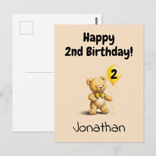 Happy 2nd Birthday, Personalized Teddy Bear Card,  Briefkaart (Voorkant / Achterkant)