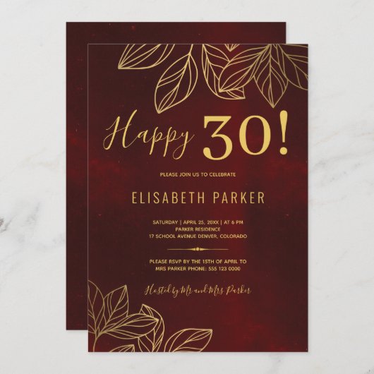 Happy 30 elegant goud en rood 30e verjaardagsfeest kaart (Voorkant / Achterkant)