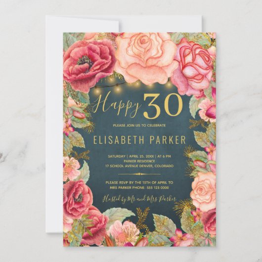 Happy 30 floral chic elegant 30th verjaardagsfeest kaart (Voorkant)