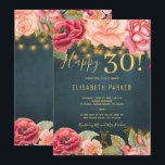 Happy 30 floral chic elegant 30th verjaardagsfeest kaart<br><div class="desc">Luxe elegante romantische stijl 30e verjaardagsfeestdag met een sjabloon met een wazige roze en perzikroomgouden glitterpony-rozen en blozentakelland en gouden roestrilsnaren of roekelaar op een middernachtelijke blauwe achtergrond op het bord. — De uitnodiging is geschikt voor lente- of zomernacht, herfst herfst rustic of tuin buitenste mijlpalen verjaardagen - dertig, veertig,...</div>