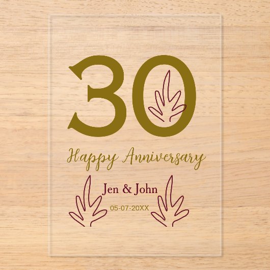 Happy 30th anniversary name date golden red leaf acryl uitnodigingen (Voorkant)