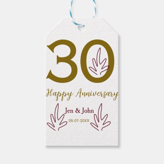 Happy 30th anniversary name date golden red leaf cadeaulabel (Voorkant)