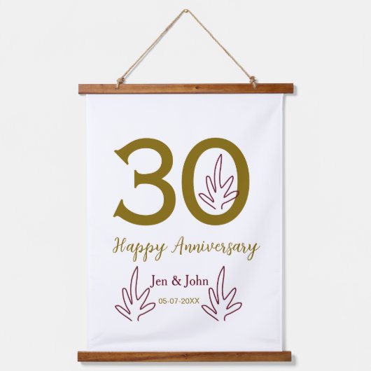 Happy 30th anniversary name date golden red leaf hangend wandkleed (Voorkant)