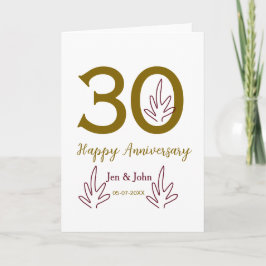 Happy 30th anniversary name date golden red leaf kaart