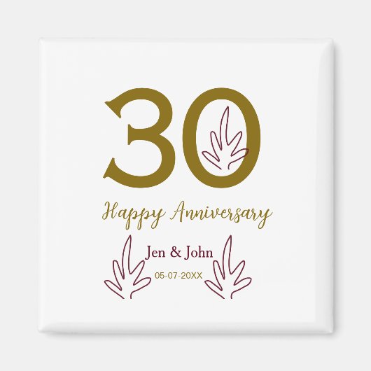 Happy 30th anniversary name date golden red leaf magneet (Voorkant)