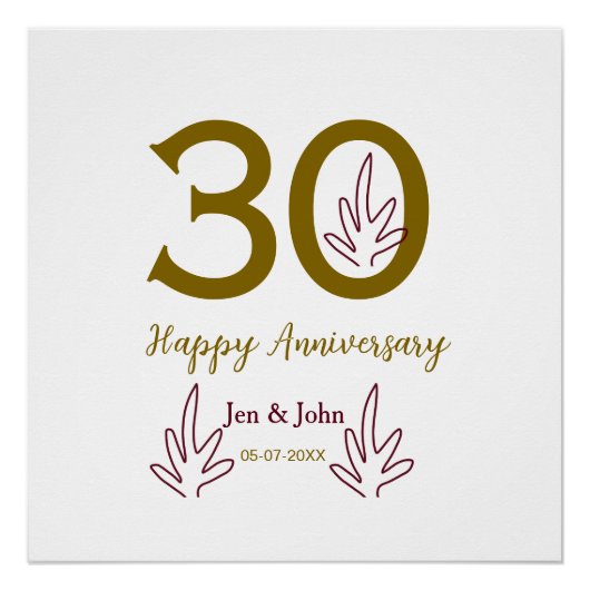 Happy 30th anniversary name date golden red leaf perfect poster (Voorkant)