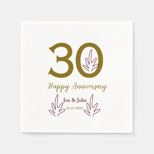 Happy 30th anniversary name date golden red leaf servet (Voorkant)