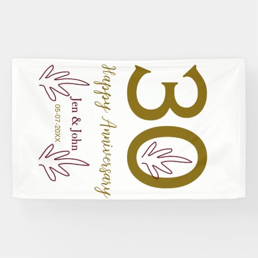 Happy 30th anniversary name date golden red leaf spandoek (Horizontaal)