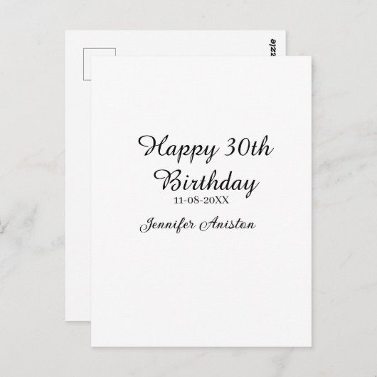 Happy 30th birthday add name date stylish simple briefkaart (Voorkant / Achterkant)