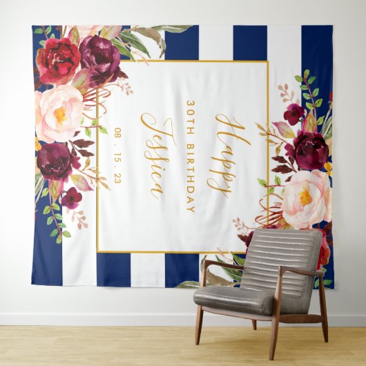 Happy 30th Birthday Backdrop, Navy Blue Red Wandkleed (In Situ (horizontaal))