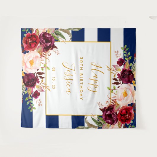 Happy 30th Birthday Backdrop, Navy Blue Red Wandkleed (Voorkant (horizontaal))