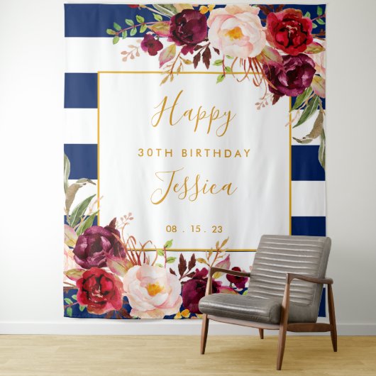 Happy 30th Birthday Backdrop, Navy Blue Red Wandkleed (In situ)