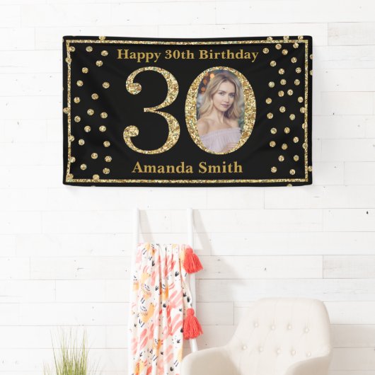 Happy 30th Birthday Banner Black en Gold Photo (Insitu)