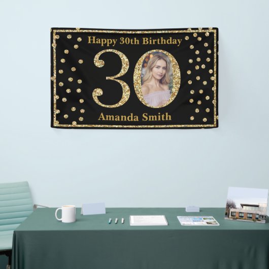 Happy 30th Birthday Banner Black en Gold Photo (Beurs)