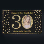 Happy 30th Birthday Banner Black en Gold Photo<br><div class="desc">Happy 30th Birthday Banner Black en Gold Glitter Confetti met aangepaste foto. Afdrukbaar digitaal. Voor verdere aanpassing,  te klikken gelieve de knoop "van de Aanpassing het"en ons ontwerphulpmiddel te gebruiken om deze sjabloon te wijzigen.</div>