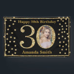 Happy 30th Birthday Banner Black en Gold Photo<br><div class="desc">Happy 30th Birthday Banner Black en Gold Glitter Confetti met aangepaste foto. Afdrukbaar digitaal. Voor verdere aanpassing,  te klikken gelieve de knoop "van de Aanpassing het"en ons ontwerphulpmiddel te gebruiken om deze sjabloon te wijzigen.</div>