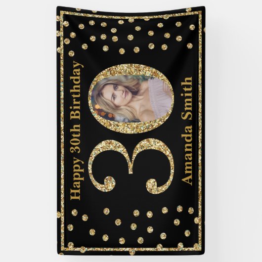 Happy 30th Birthday Banner Black en Gold Photo (Verticaal)