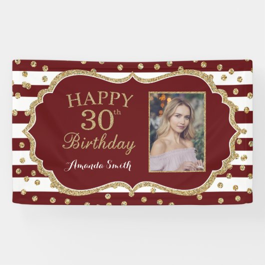 Happy 30th Birthday Banner Burgundy Gold Photo (Horizontaal)