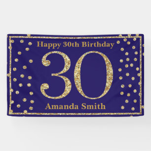 Happy 30th Birthday Banner Navy Blue Gold Glitter