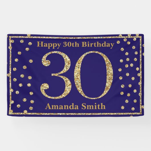 Happy 30th Birthday Banner Navy Blue Gold Glitter (Horizontaal)