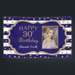 Happy 30th Birthday Banner Navy Blue Gold Photo<br><div class="desc">Fijne 30ste verjaardag banner voor vrouwen of man. Navy Blue en Gold Birthday Party Banner. Glitter Confetti. Zwarte en witte strepen. Afdrukbaar digitaal. Voor verdere aanpassing,  te klikken gelieve de knoop "van de Aanpassing het"en ons ontwerphulpmiddel te gebruiken om deze sjabloon te wijzigen.</div>